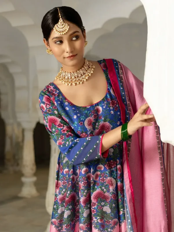 Fuchsia Printed Viscose Chanderi Suit- Set of 3 - Image 2
