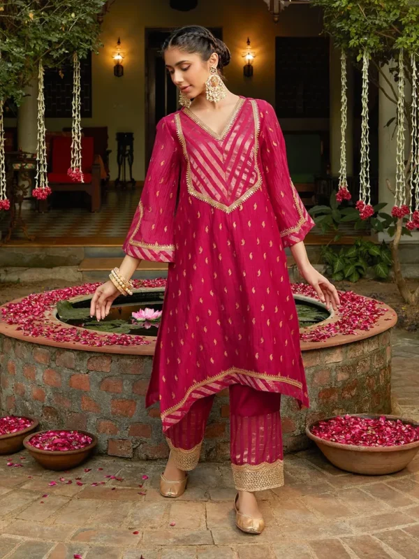 Fuchsia Chanderi Kurta with Pants- Set of 2 - Image 3