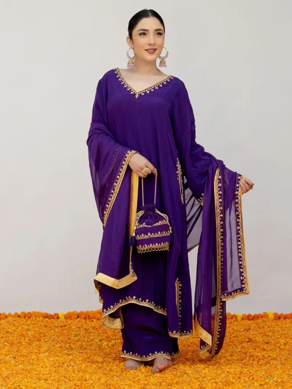 Purple Embroidered Crepe Suit - Set of 4 - Image 3