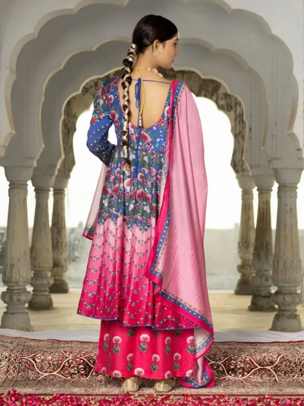 Fuchsia Printed Viscose Chanderi Suit- Set of 3 - Image 4