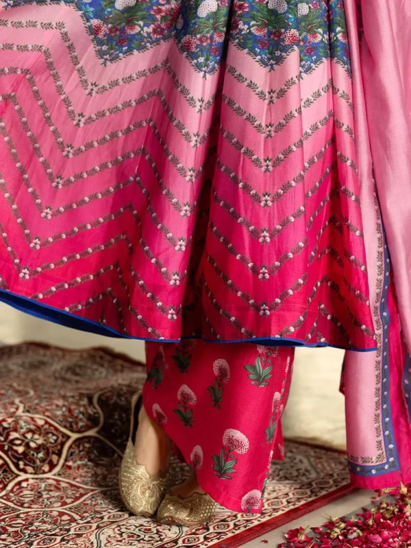 Fuchsia Printed Viscose Chanderi Suit- Set of 3 - Image 5